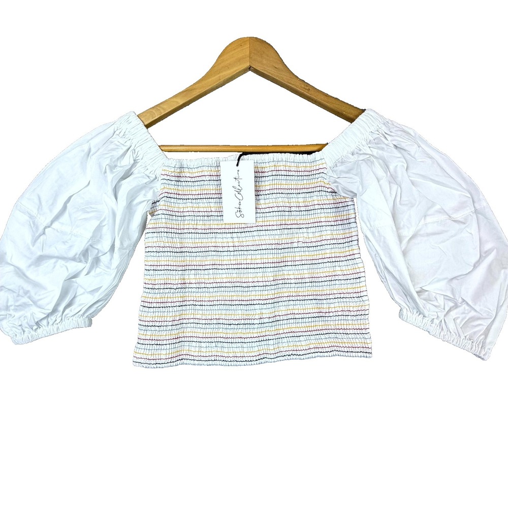 Sokie Collective Smocked Crop Top Womens Small White Colorful Top Stitch Peasant